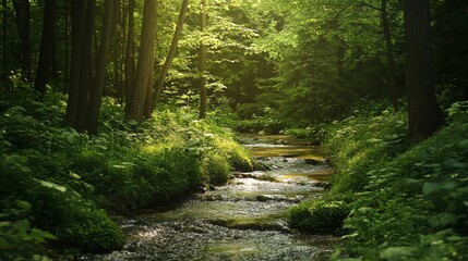 Obraz premium Serene brook winding through lush forest, embodying the essence of prosperity and harmony, a tranquil embodiment of good fortune