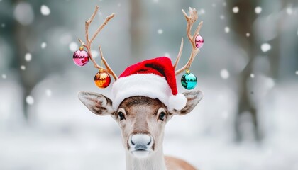 A jolly reindeer wearing a Santa hat, its antlers decorated with colorful Christmas ornaments, standing in a winter wonderland.