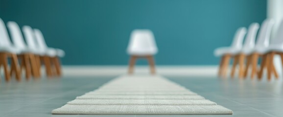 A row of chairs are arranged in a line, with a chair in the middle of the row