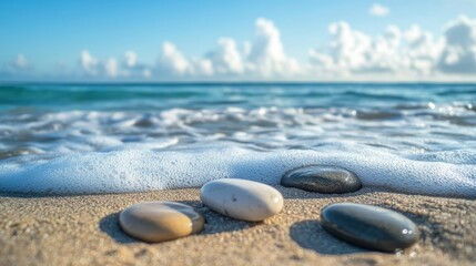 Feng Shui Wealth Stones, gentle waves caressing smooth stones on a tranquil beach, embodying grounding energy and abundance attraction