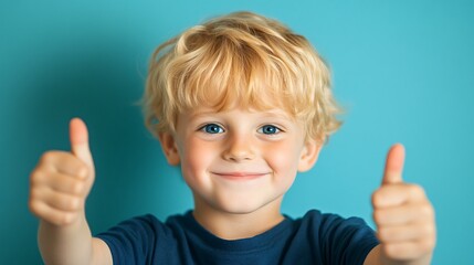 a happy  boy with blonde hair and blue eyes, isolated on a solid color background in a thumbs up pose, 