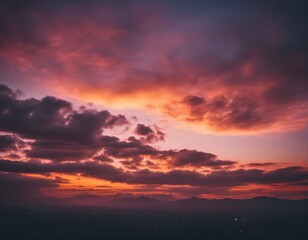 Fototapeta premium Dramatic fantasy scene after sunset, dusk with red and purple sky, city lights with distant mountains