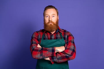 Photo of handsome virile man farmer wear red plaid shirt crossed arms isolated on purple color background