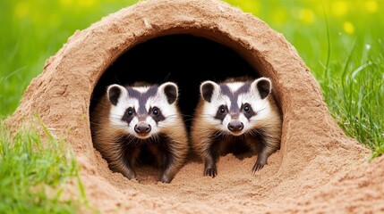 Two adorable badgers peek out from their burrow in a lush green meadow.badger day
