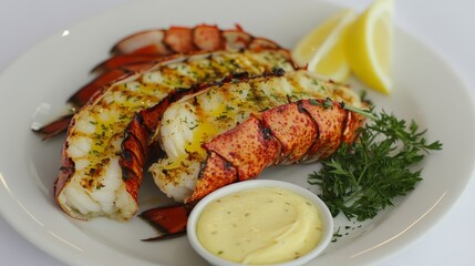A beautifully plated lobster dish with lemon wedges, parsley, and a side of dipping sauce, showcasing gourmet seafood presentation.