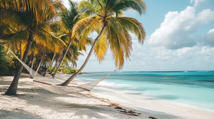 A serene beach scene with palm trees, turquoise water, and a hammock swaying gently in the breeze, inviting relaxation.