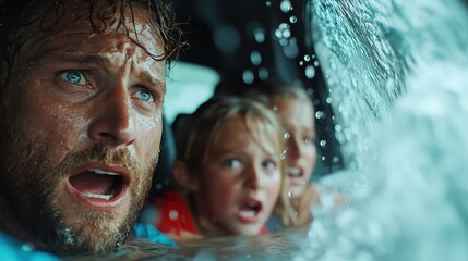 A man and children exhibit fearful expressions inside a car as it begins to submerge, depicting the critical situation and the imminent danger posed by flooding water.