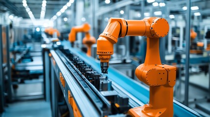 A close-up of an industrial robotic arm working in a modern factory, showcasing advanced automation technology and efficiency.