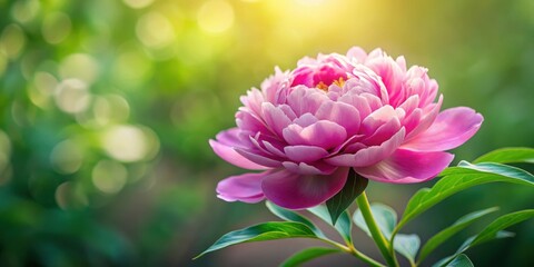 Fototapeta premium A Delicate Pink Peony Blossom Bathed in Warm Sunlight, Its Petals Unfurling Gracefully Against a Soft, Green Background