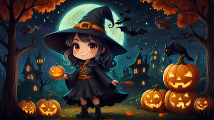 Cute chibi witch surrounded by Halloween-themed attributes