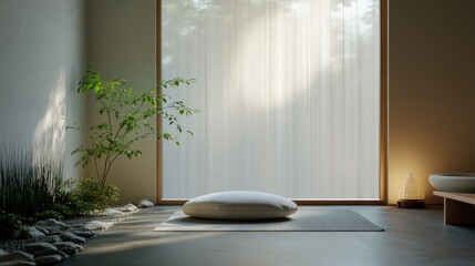 A serene meditation room in minimalist decor, with a floor cushion, zen garden, and soft lighting, offering a peaceful retreat for mindfulness practice.