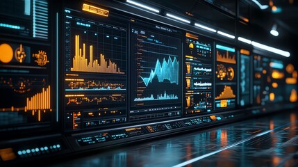 Fototapeta premium Futuristic data visualization with glowing graphs and charts on advanced control panel in a sleek digital environment.