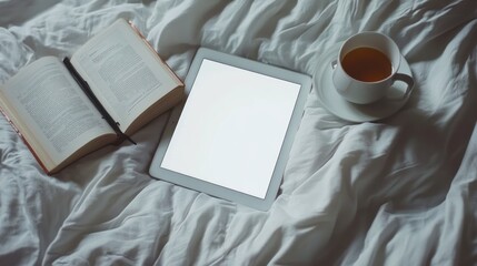 A cozy scene with a book, tablet, and cup of tea on a bed.