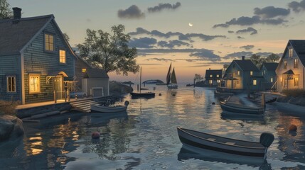 A peaceful seaside town at dusk with cozy cottages, glowing windows, and a calm harbor, ultra-high-definition textures capturing the tranquil ambiance