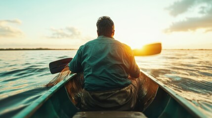 Fototapeta premium A lone person paddles a small boat into the sunset, evoking tranquility, introspection, and the pursuit of serenity amidst the beauty of nature’s golden hues.