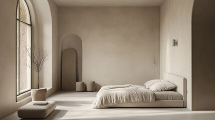 A serene minimalist bedroom with a neutral color palette, sleek furniture, and minimalist decor accents, promoting a sense of calmness and clarity.
