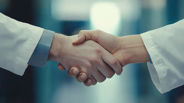Woman, doctors and handshake with team in hospital for welcome, introduction and happy for success in corridor. People, medical staff and shaking hands with diversity, support and group at clinic