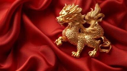 Obraz premium Golden qilin on vibrant red silk, symbolizing prosperity and strength, embodying luxury and elegance in a striking display.