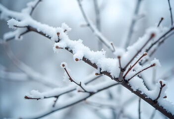 Spruce branch covered with frost. First snow. Snow on a green branch. Christmas season. New year mood