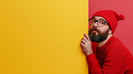 Obraz premium Portrait of funny funky christmas father in red hat headwear look behind white wall poster advertise winter x-mas shopping seasonal miracle sales discounts isolated over bright color background