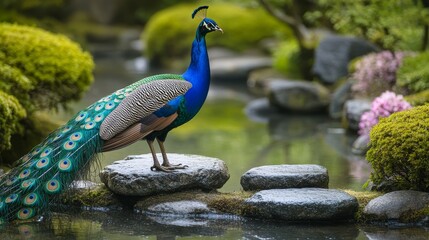 Obraz premium Elegant peacock in serene Japanese garden, zen stones, flowing water, symbolizing peace and balance in a tranquil setting