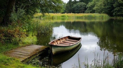 Obraz premium A serene fishing pond in the countryside, with an old wooden dock and a rowboat tied to it