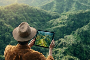 Fototapeta premium Person exploring nature with tablet in hand, lush green mountains in the background.