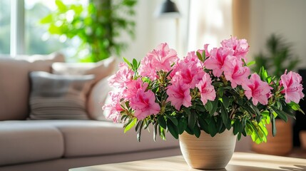 Obraz premium Feng Shui Family Room with Azaleas, inviting harmony and unity, vibrant blossoms enhancing the serene atmosphere of the space