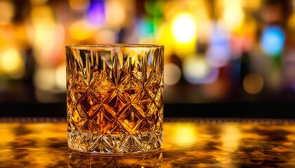 A close-up view of a glass of whiskey resting on a bar counter, featuring caustic light reflections that create dynamic patterns on the surface, showcasing rich amber colors