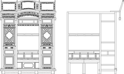 Fototapeta premium Vector sketch illustration silhouette design of furniture chair bed wardrobe antique classic old ethnic traditional Chinese with carvings
