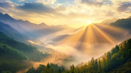 Serene mountain valley at dawn, sunlight breaking through mist, embodying hope and success, harmonious Feng Shui, auspicious scenery