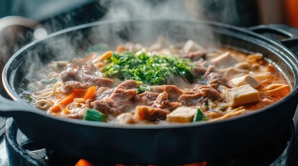 A steaming hot pot of savory sukiyaki, filled with thinly sliced beef, tofu, vegetables, and noodles, simmering in a sweet and savory broth.