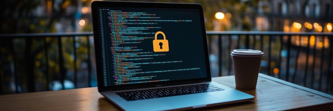 Cyber Security Software Development with Code on Screen and Padlock Icon at Dusk, Secure Programming