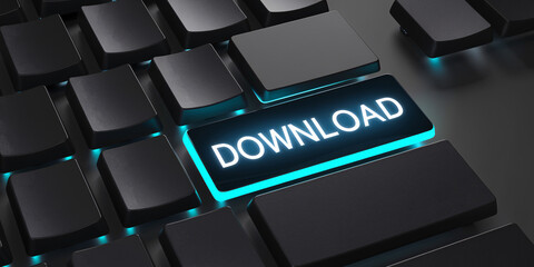 A close-up of a sleek keyboard with translucent blue accents and a glowing "download" button. The glass-like keys and modern design