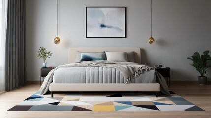 A stylish minimalist bedroom with a platform bed, geometric rug, and abstract artwork, adding personality and visual interest to the space.