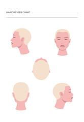 Isolated vector female heads in color in different projections for hairdressers. Hair growth line.