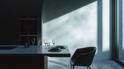 Fototapeta premium A stylish minimalist dining space with a sleek table, minimalist chairs, and minimalist tableware, creating an elegant setting for entertaining guests.
