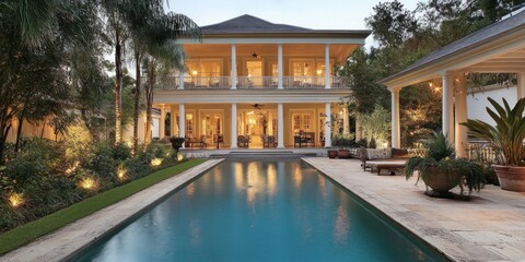 Stunning modern villa with a relaxing pool. This luxurious home features elegant architecture surrounded by lush greenery. Ideal for outdoor living and leisure activities. AI