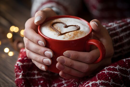 Manicured hands holding red mug with heart shaped latte art, wooden backdrop