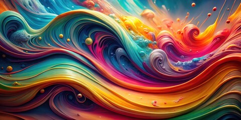 Abstract Swirls of Vibrant Colors Intertwined with Bubbles and Splashes of Paint