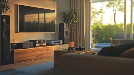 Cozy living room with a TV, sound system, and gaming controllers, bathed in warm sunlight.