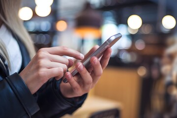 Person using smartphone in well lit cafe, highlighting mobile technology interaction