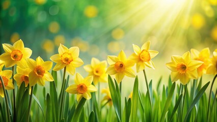 Obraz premium A vibrant field of yellow daffodils basking in the warm glow of sunlight, their delicate petals reaching towards the sky, symbolizing the arrival of spring.