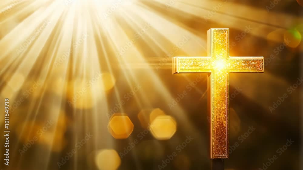 Poster golden cross with luminous rays in a warm background, spiritual symbolism and enlightenment concept
