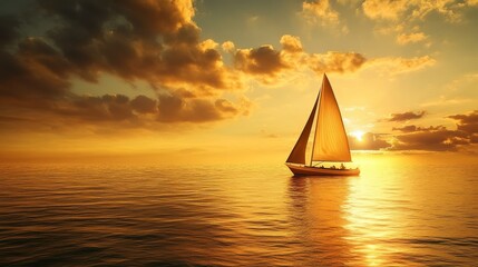 Fototapeta premium Golden sailboat sailing on calm waters at sunset, embodying prosperity and tranquility, a symbol of fortune and serenity