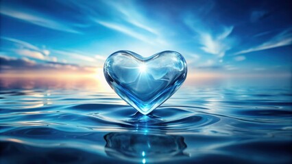 Fototapeta premium A Crystal Heart Floats Serene on a Calm Ocean Surface, Reflecting the Sun's Rays and the Vast Blue Sky Above