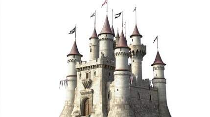 Fototapeta premium A captivating fantasy castle illustration featuring tall towers and vibrant flags against a white background, embodying the whimsical charm of fairy tale architecture and evoking dreams of magical