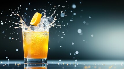 A fizzy splash of orange soda captured in a glass, with droplets suspended in motion.