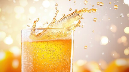 A fizzy splash of orange soda captured in a glass, with droplets suspended in motion.