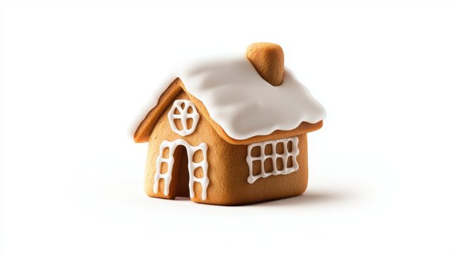 A gingerbread house cookie, detailed with icing, isolated on a plain white background.